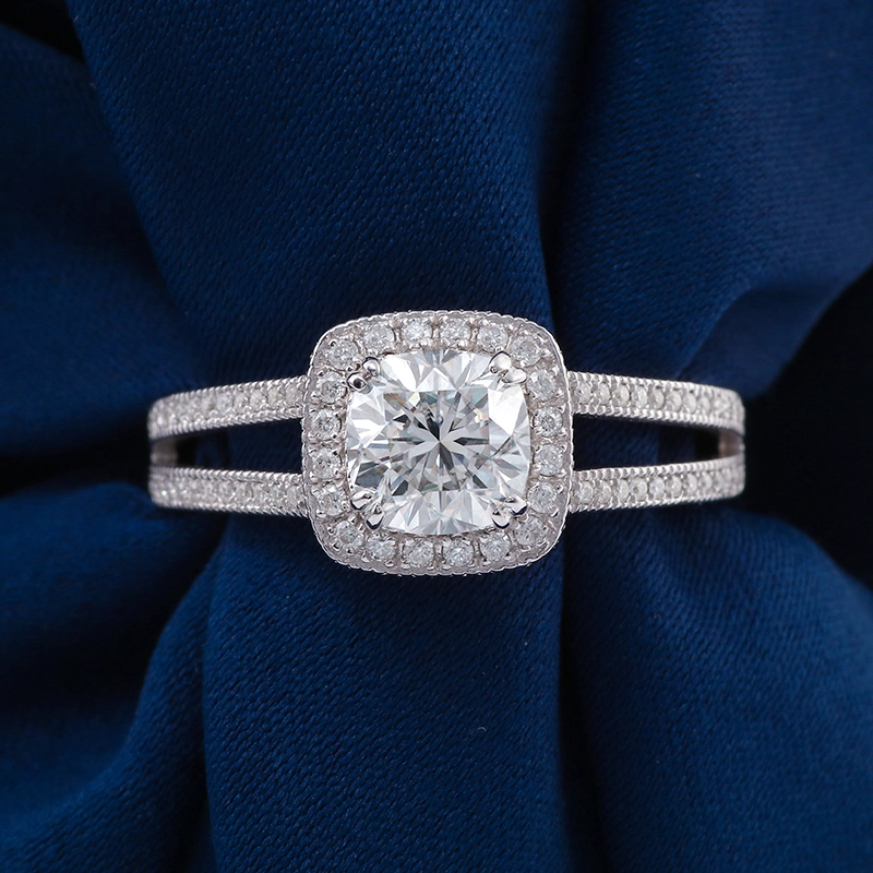Solid White Gold Cushion Cut Moissanite 1ct Engagement Ring Split Band With Halo Band Ring 1