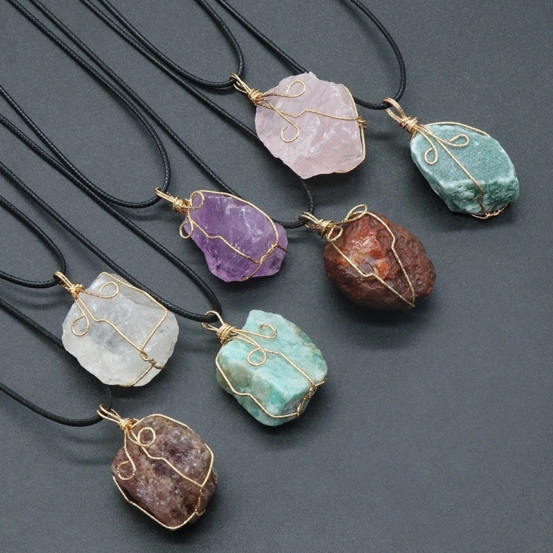 Natural Yellow Crystal Raw Stone Wire Wrapped Pendant Fluorite Irregular Stone Necklace Thread Wrapped Rose Quartz Pendant Gift 1