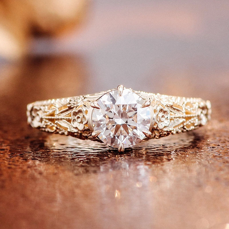 Custom Vintage Engraved Lace 1.21ct H Color Vs1 Round Lab Grown Diamond Igi Certified Wedding Ring 14k Yellow Gold 1