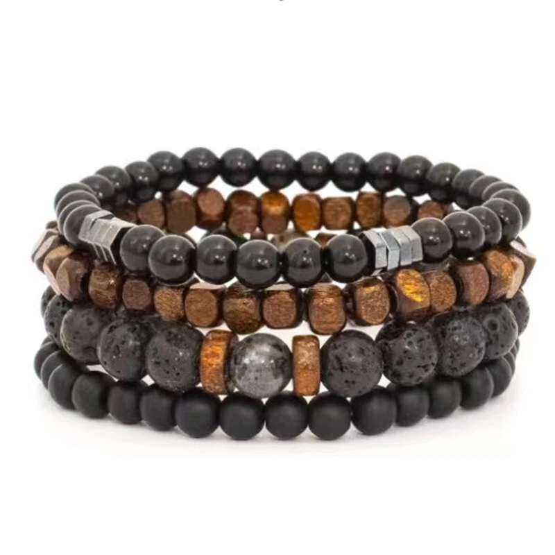 Volcano Stone Bead Handicraft Metal Dumbbell Buddha Bead Bracelet Jewelry Fashion Bracelet Set 1