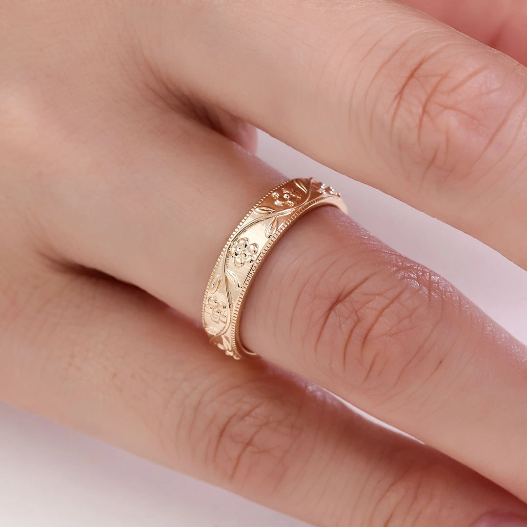 Fine Jewelry 18k Solid Gold Flower Milgrain Engagement Band 4.5mm Width Women's Proposal Ring Jewelry Gift 1