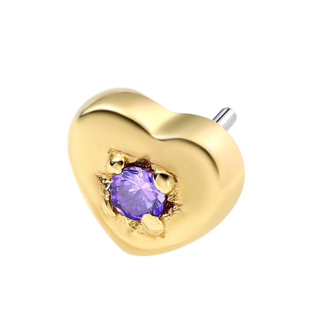 Eternal Metal 14k Solid Yellow Gold Amethyst Gemstones Cz Heart Shaped Earnose Piercing Jewelry Threadless Push In Ends Tops 1
