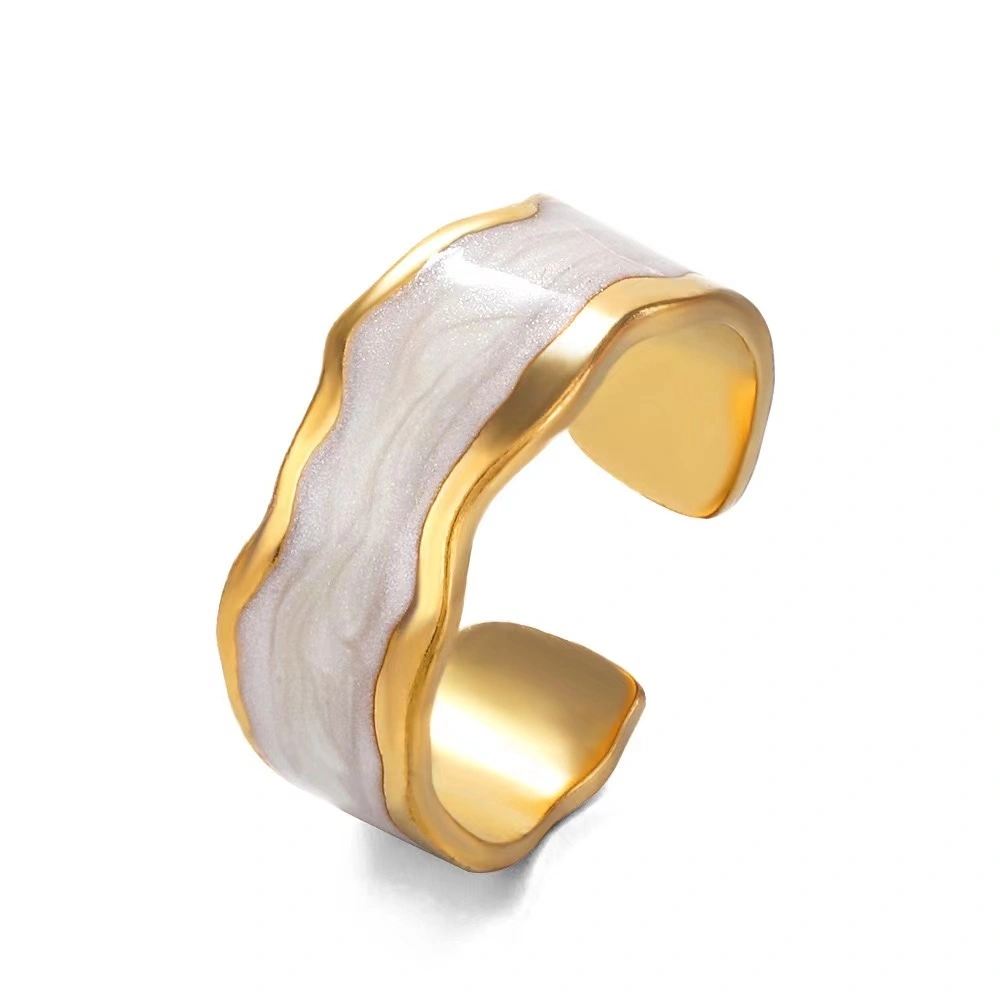 Wholesale Non Fading Stainless Steel Enamel Color Ring Simple Wave Shape Adjustable Open Ring For Women 1