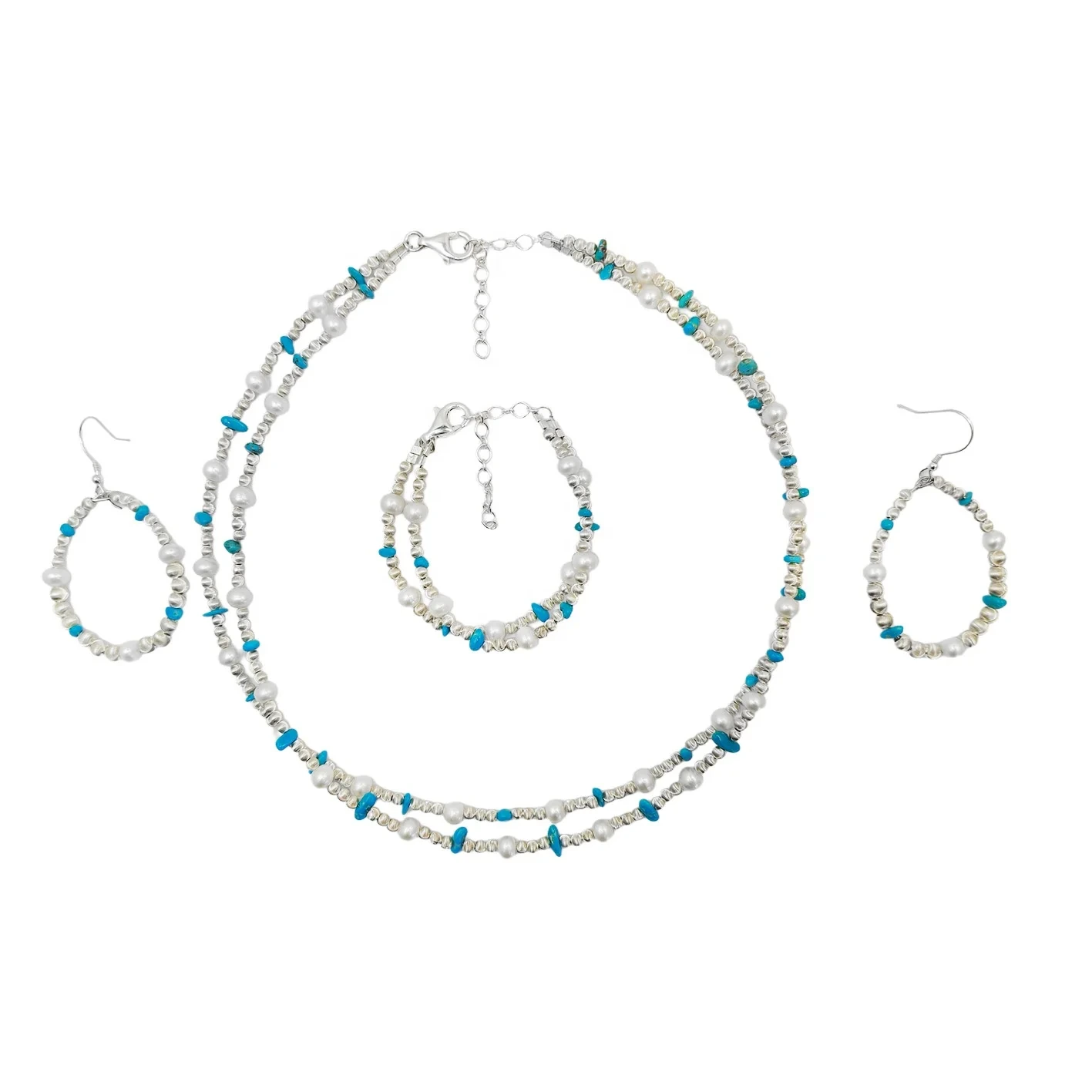 Pearl Set Precious Pearls With Natural Turquoise Conformal Silver Beads As A Gift Necklace Bracelet Earrings 1