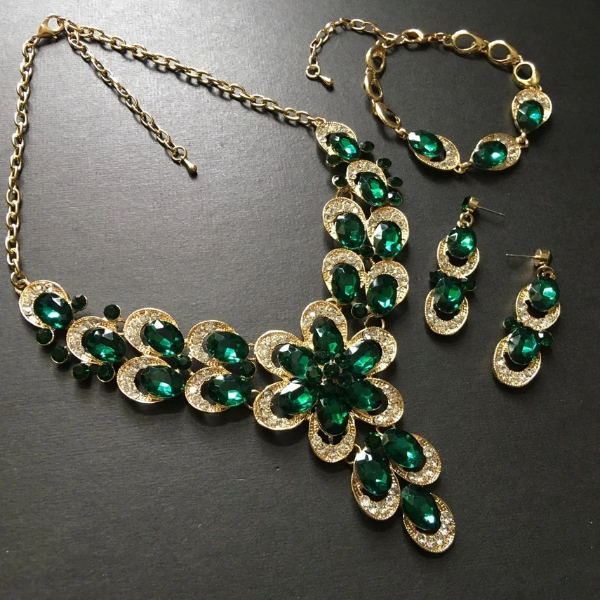 Dubai Wholesale 14k Gold Plated S925 Jewelry Set With Lab Grown Emerald Heavy Emerald Jewelry Set 1