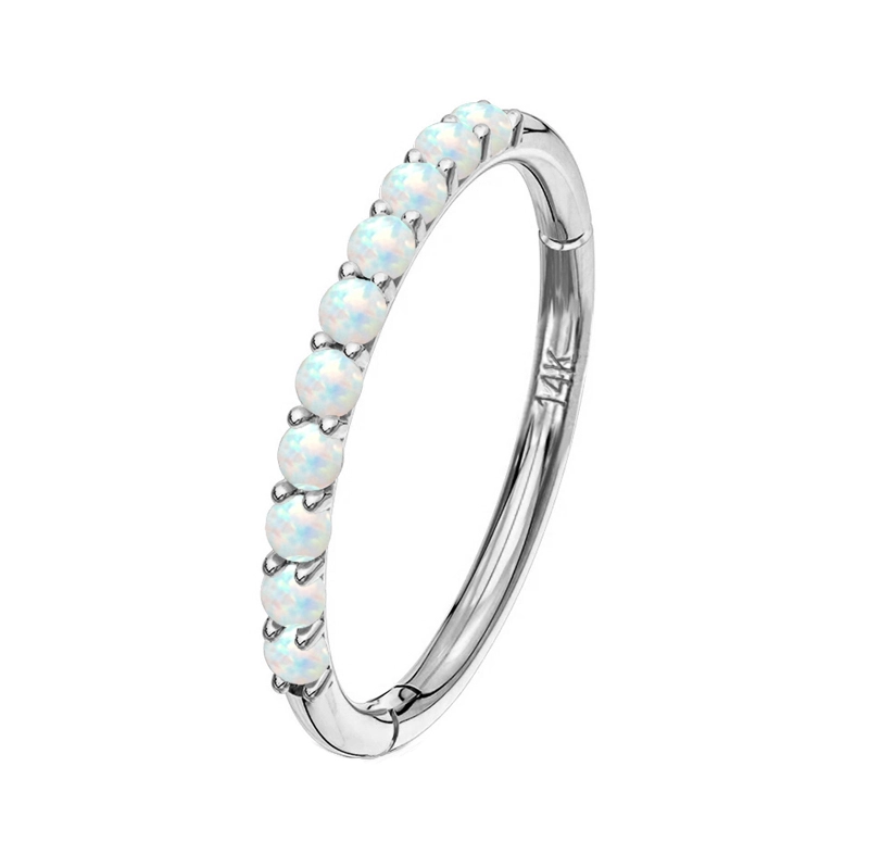 Eternal Metal 14k Solid White Gold Synthetic Opal Front Side Paved Hinged Segment Hoop Septum Clicker Body Jewelry 1