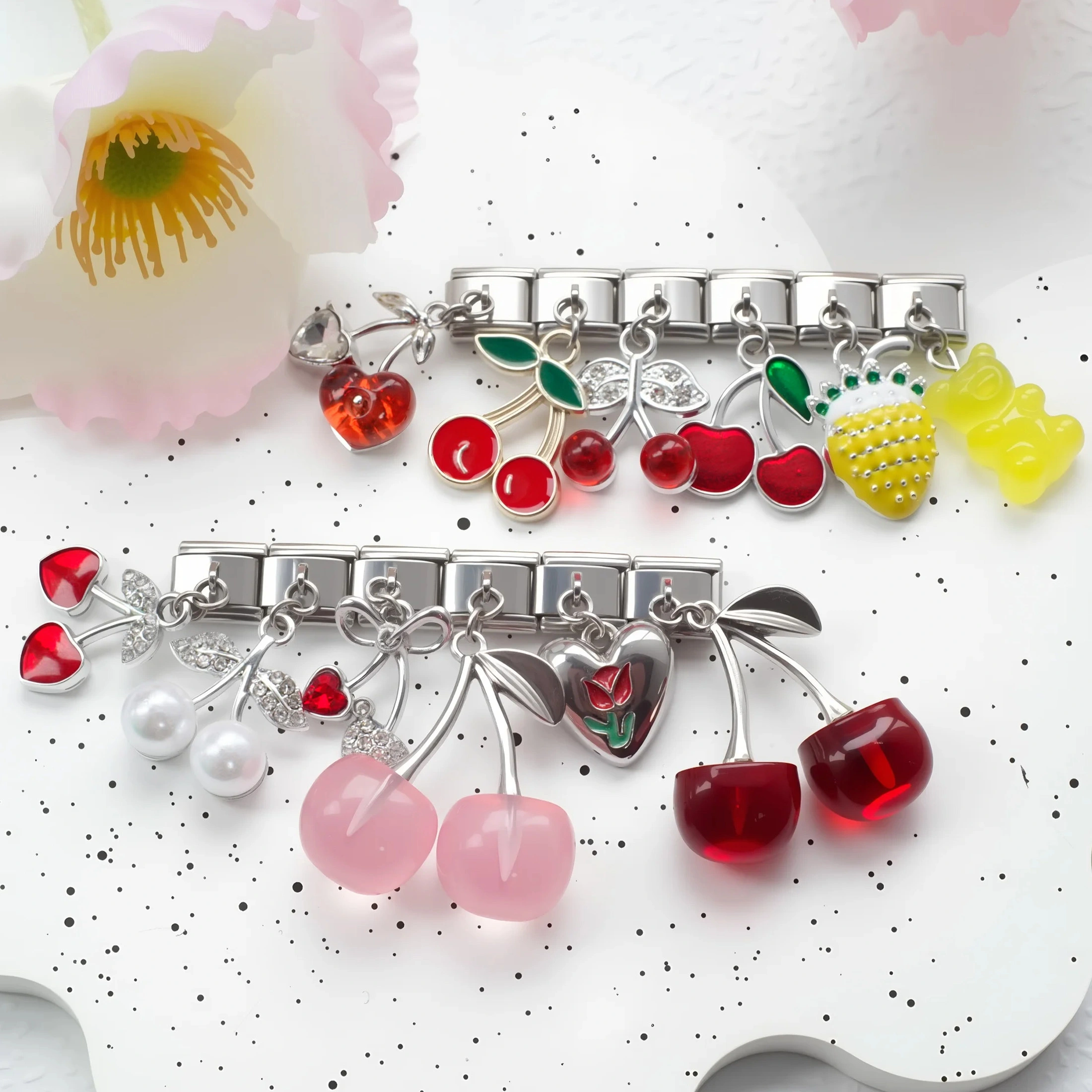 Fashion Popular Italian Charm Silver Diamond Cherry Fruit Series Pendant 304 Stainless Steel Bracelet 9mm * 10mm Module 1