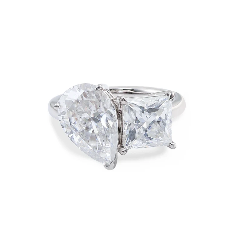 Provence Toi et Moi Anneau en or blanc 14K avec def Vvs Princess Cut et Parée en forme de diamant Moisanite en forme de poire pour la fête des femmes 1