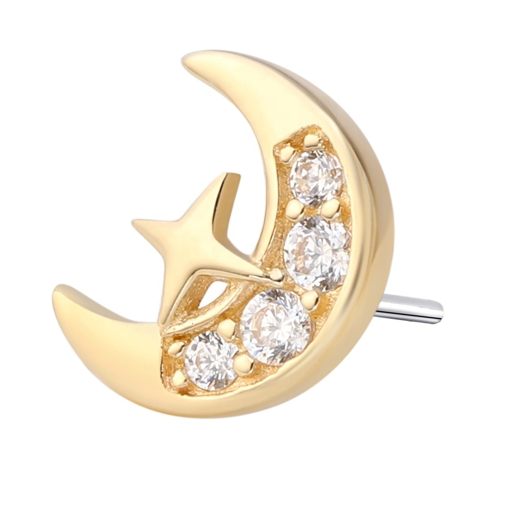 Eternal Metal Moon And Star Shaped Threadless Tops 14k Solid Gold Ear Piercing Jewelry 1