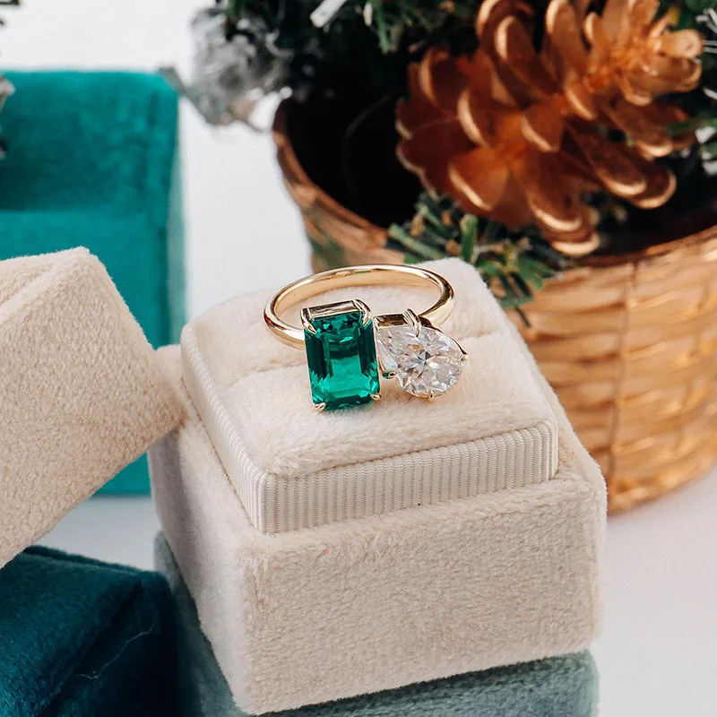 Bague de mariage en moissanite 10k 14k véritable or taille émeraude taille laboratoire <000000> Bague Toi et moi en moissanite champagne taille poire 9