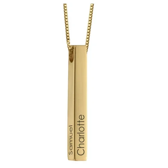 Collier pendentif à barre plaqué en or sterling 3D avec nom gravé 1