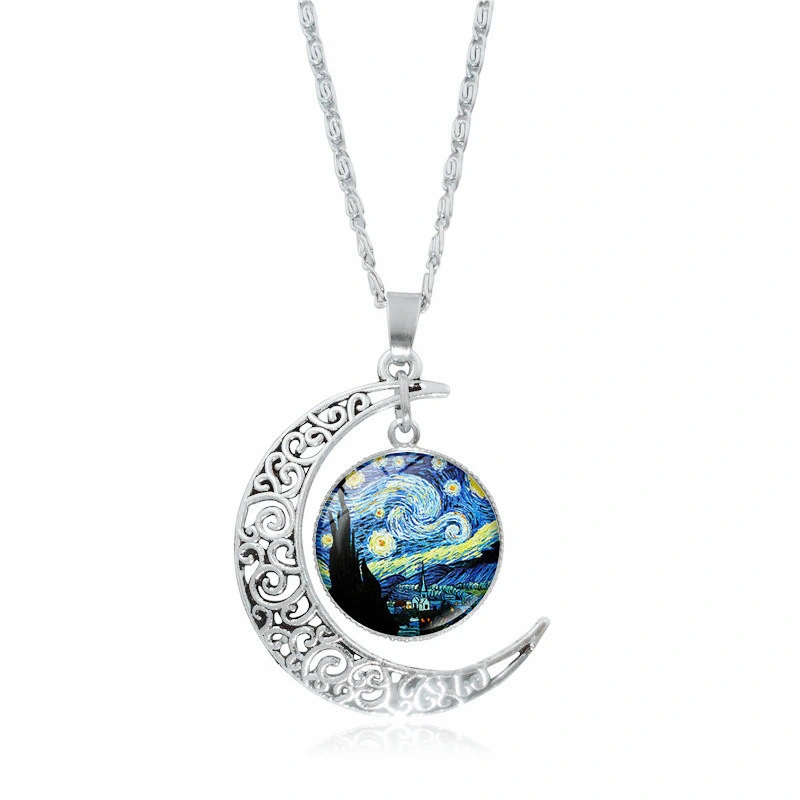 Cross Border New Product Van Gogh Star Moonlight Time Gem Necklace Hollow Out Moon Pendant European And American Jewelry 1