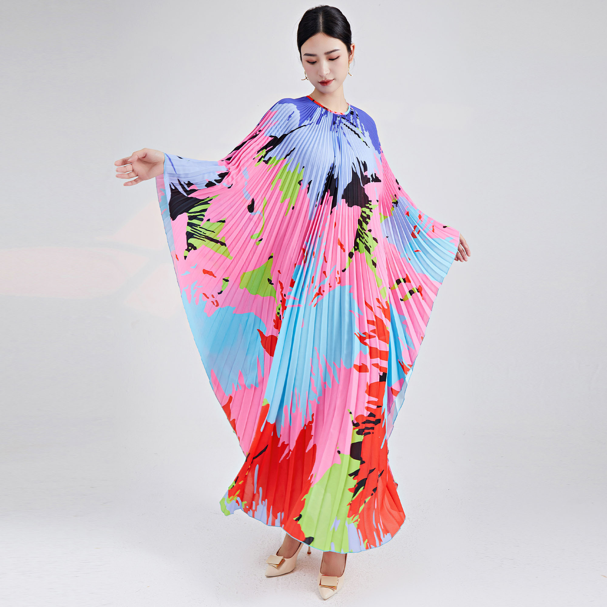 Pleats Clothing High Quality Fast Shipping Wholesale & Supply  New Print Loose Plus Size Bat Sleeve Dress Fashionable Woman Kaftan Elegant Pleated Dress 4