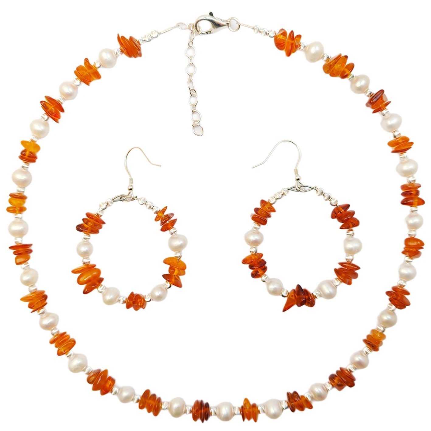 Elegant Amber And Freshwater Pearl Necklace Earring Set Vintage Silver Set Christmas Gift Multi Strand Pearl Necklace 1