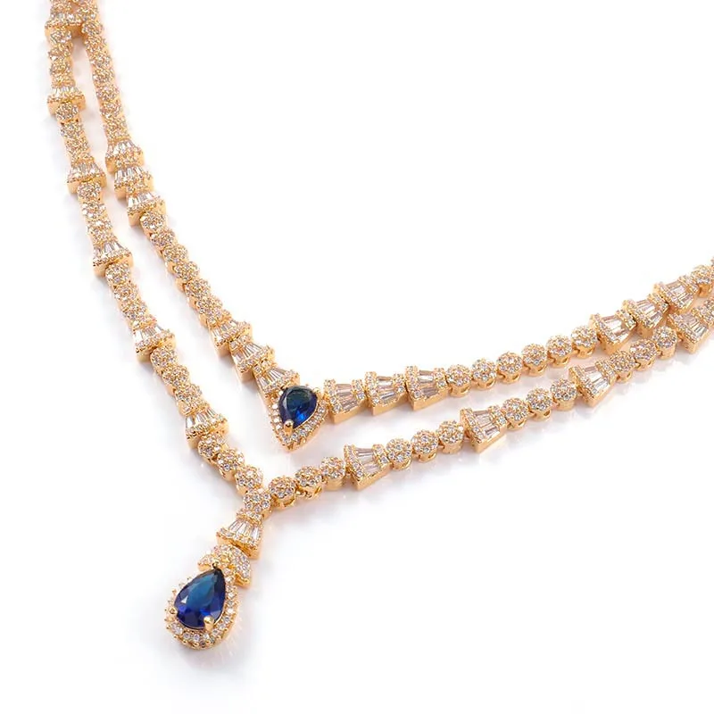 2025 Fashion Fine Jewelry Sterling Silver Lab Created Moissanite<000000>blue Sapphire Wedding Necklace Bracelet Earring Ring Set 9