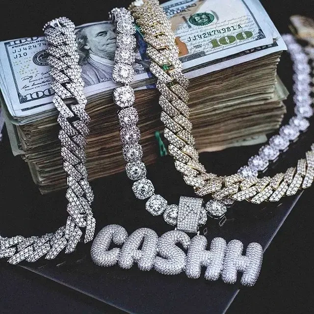 Collar de cadena cubana de lujo para hombre, chapado en oro, plata esterlina S925, con diamantes y moissanita, estilo hip hop, con eslabones cubanos y estrás helados. 1