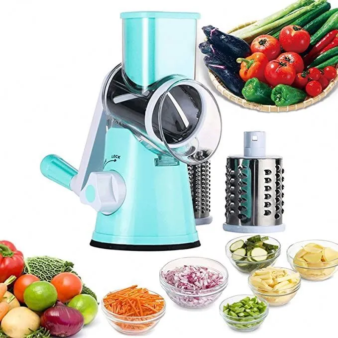 Manual 3 In 1 Rotary Cheese Grater Cheese Shredder Mandoline Stainless Steel Vegetable Slicer With 3 Blades With Suction Base 1