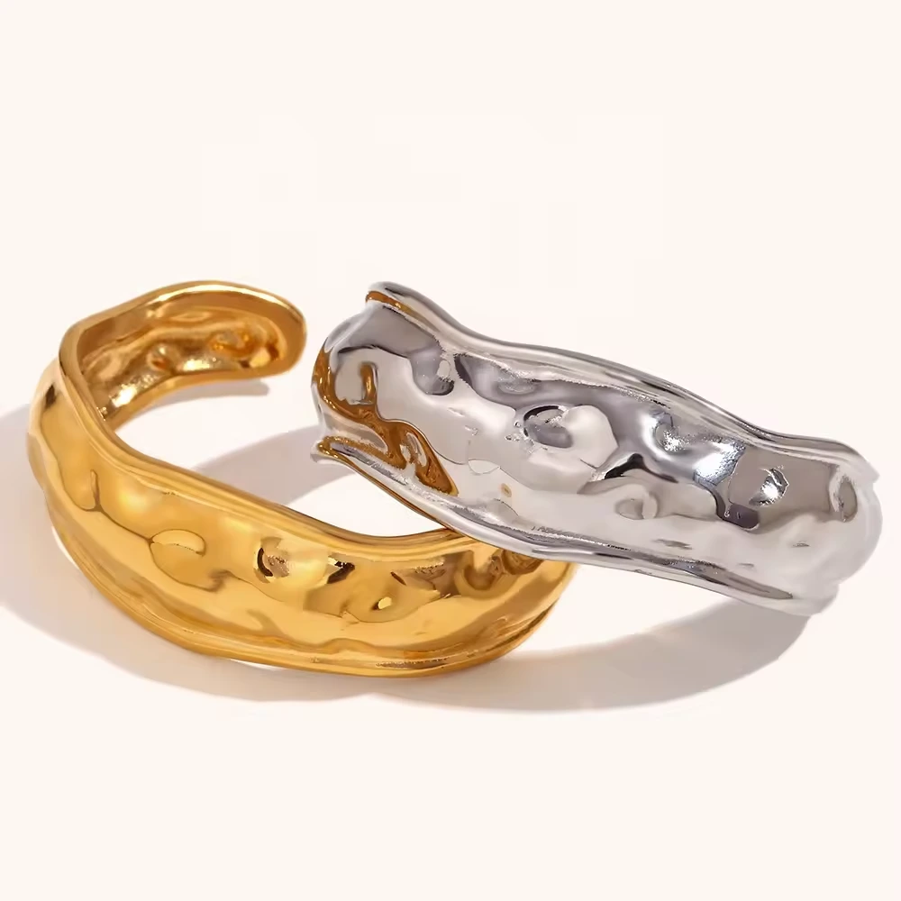 New Arrival Simple Stainless Steel Plated 18k Gold Hammer Pattern Wave Cuff Bracelet Bangle Jewelry For Women 1