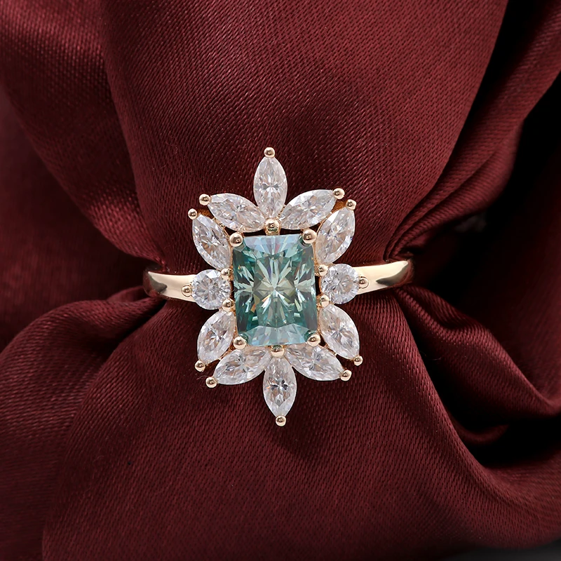 Impresionante azul <00000000> Ring de compromiso de moissanita de corte verde de color verde anillo de color especial de 14k oro vintage único anillo de moissanite 8