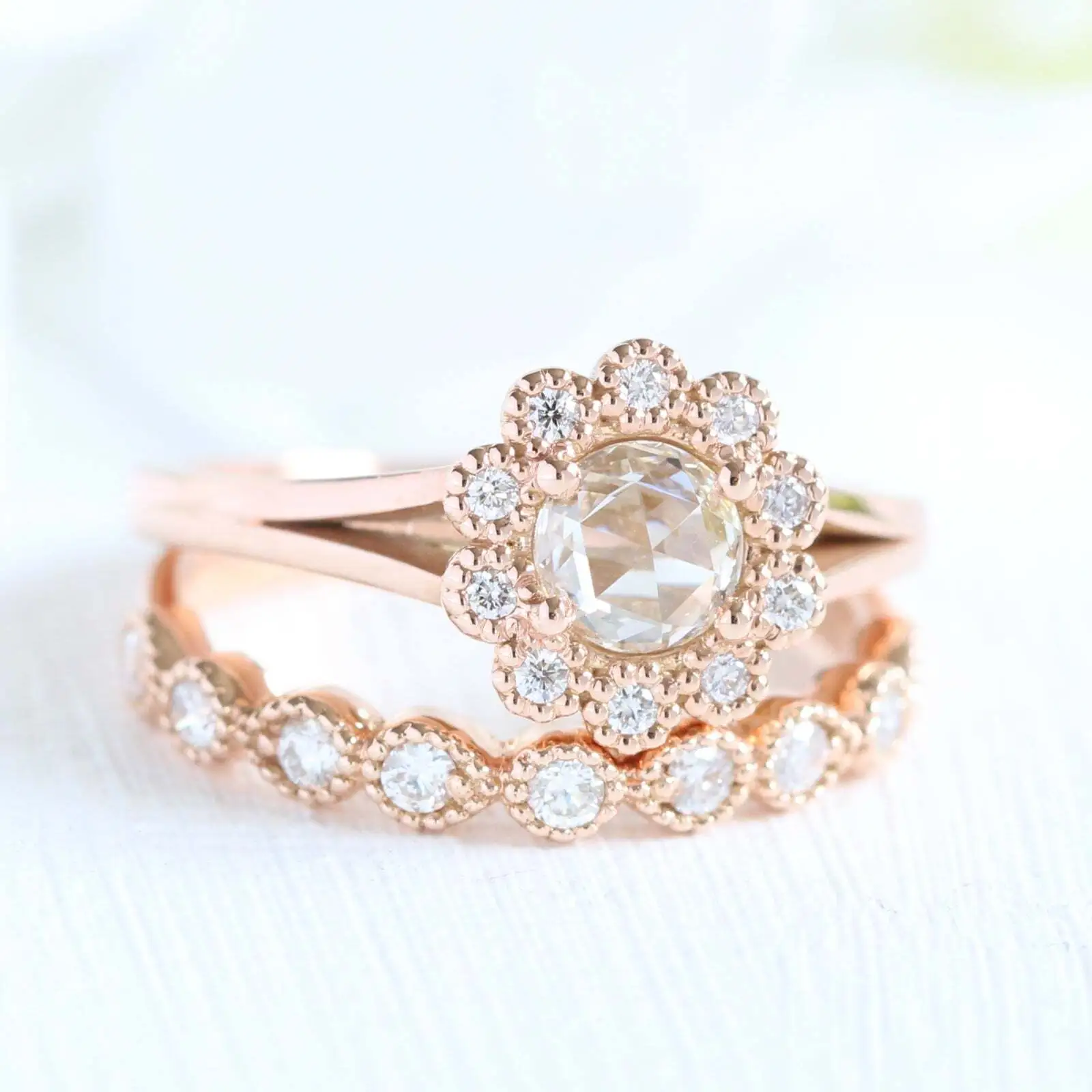 Mini Vintage Luna Halo Rose Cut 5mm Moissanite Diamond Ring Set 10K Rose Gold Matching Band Bridal Set 1