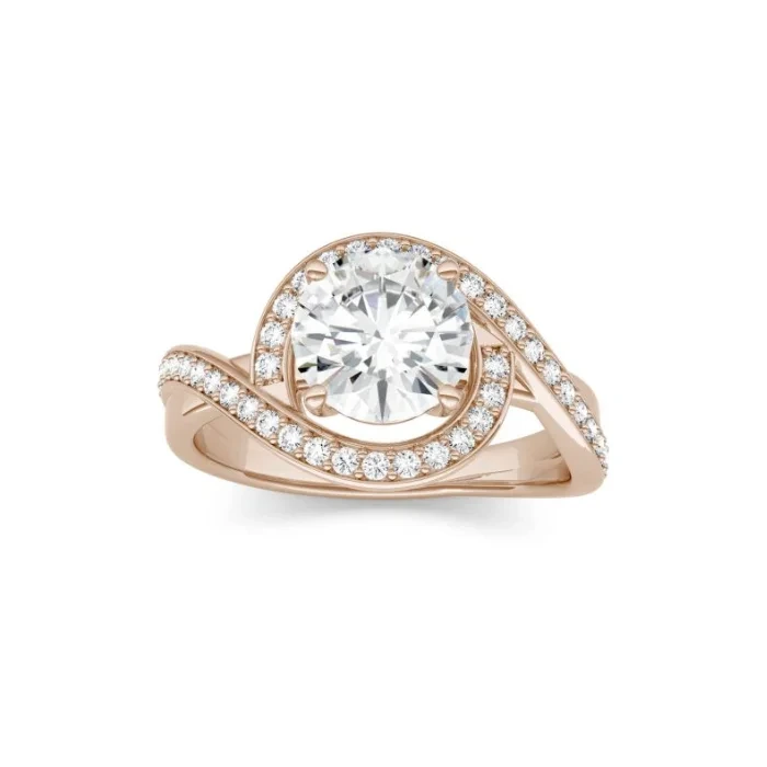 Bague de style halo en or rose avec diamants et tige fendue 1