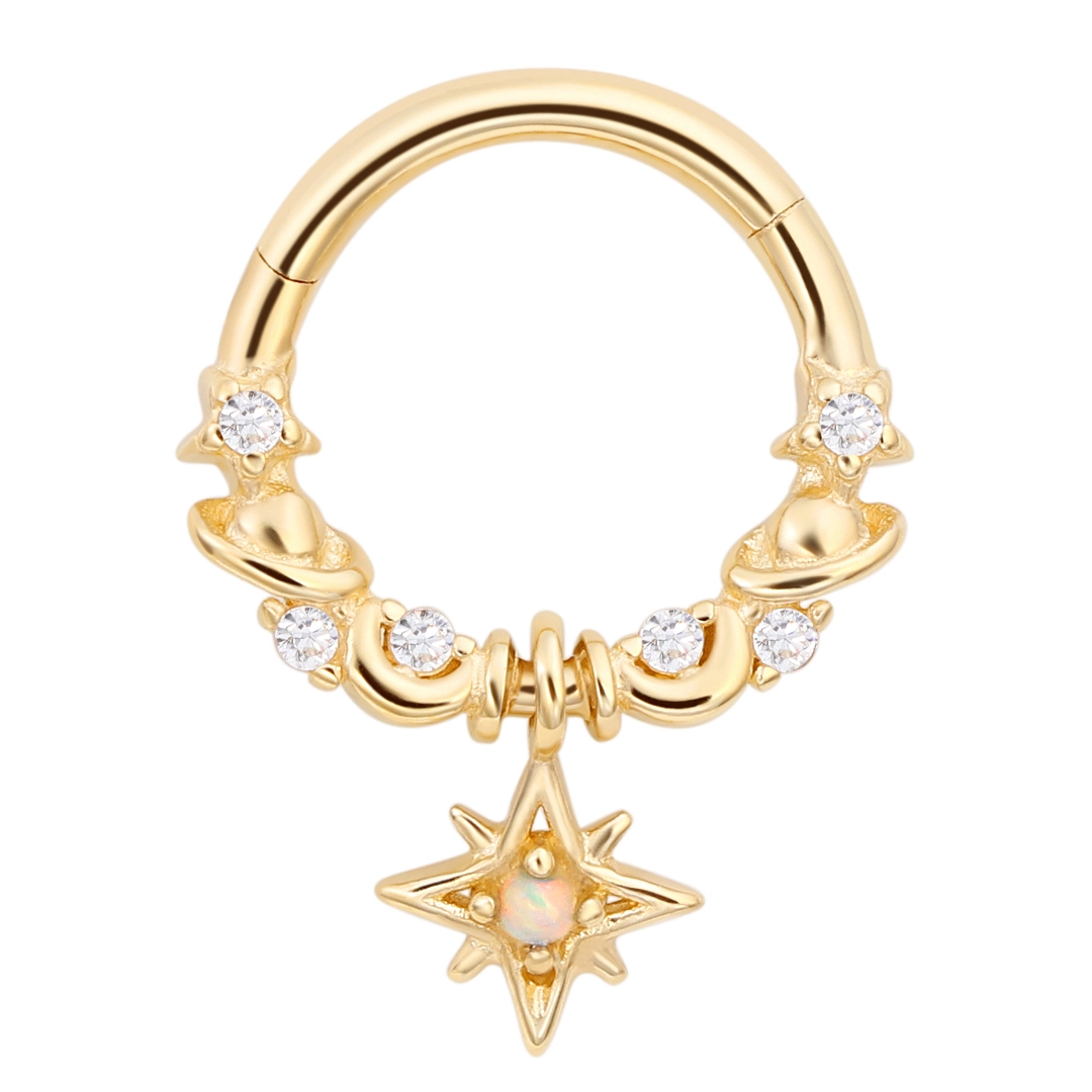 Eternal Metal 14k Solid Gold Dangle Star With Opal Stone Clicker Nose Piercing Ring Cartilage Jewelry Helix Body Piercing 1