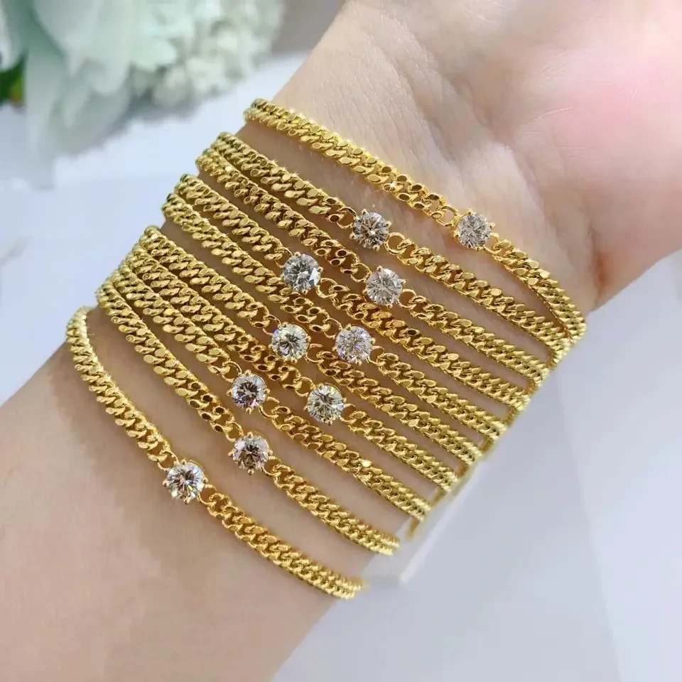 18 carats jaune 3 mm Hip Hop Luxury Iced Out Bling Bling Moisanite Cuban Fashion Bijoux Diamond Cuban Link Femme Bracelet 1