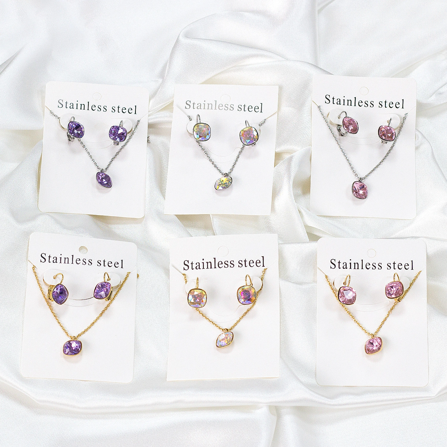 Rhinestones Colored Necklaces Stainless Steel Crystal Earrings Set Female Cross-border Jewelry Set 1