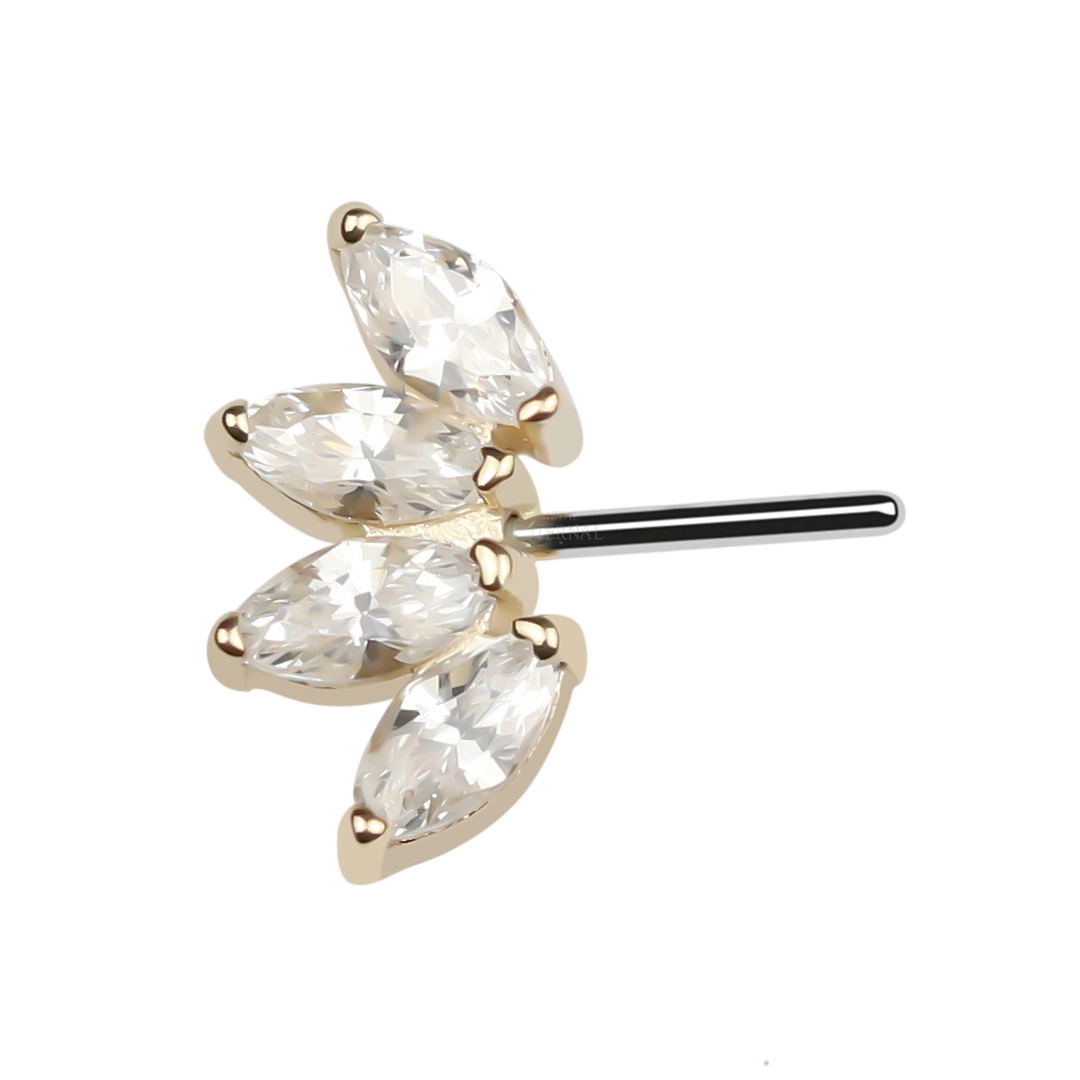Eternal Metal Threadless Push In Front Facing 4 Marquise Cz Fan Set Curved Tops Ends 14k Solid Gold Piercing 1