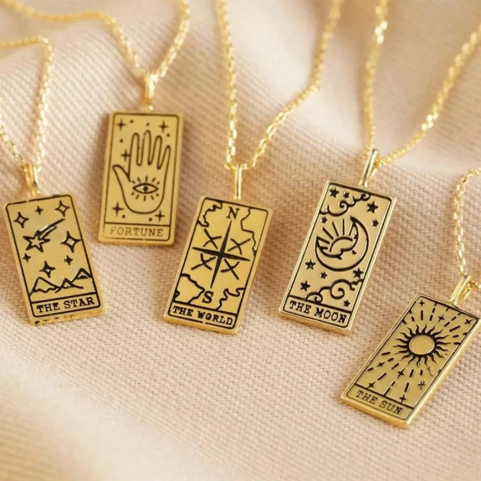 New Arrival 18k Gold Plated Square Pendant Necklaces Zodiac Horoscope Stainless Steel Gold Plated Tarot Card Necklace 1