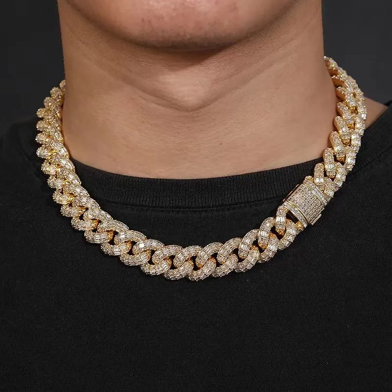 ICE Out Hip Hop Necklace 15mm Miami Cuban Link Chain Long Stain VVS Moissanite Cuban Link Bust أسفل 925 قلادة فضية كوبية 1