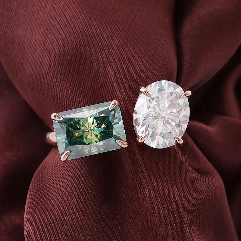 Provence Double Stone Moissanite TOI et Moi Ring 14K Rose Gol Banque de bijoux ovale et radiement coupé en diamant Moisanite Anneau 1