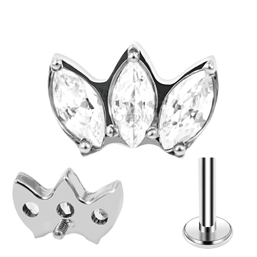 Brincos labret ASTM F136 de titânio com rosca interna, costas planas e conjunto de 3 pinos, joia para corpo, zircônia cúbica marquise, 14g e 16g 1