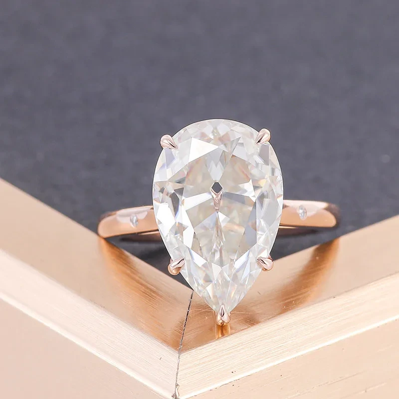 Anneau en or rose avec grande taille Old European Cut Pear Moissanite Ring Def Loose Gemles Gemles Classic Claw Cawing Fine Bijoux Anneaux 1