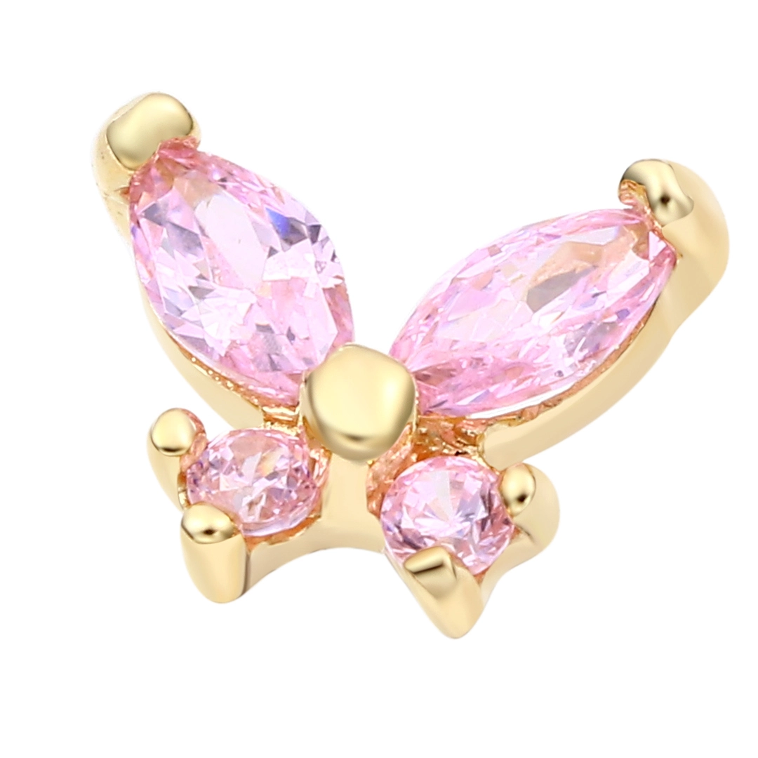 Eternal Metal 14kt Solid Gold Butterfly Shape Threadless Tops Pink Cz Earring Piercing Jewelry 1