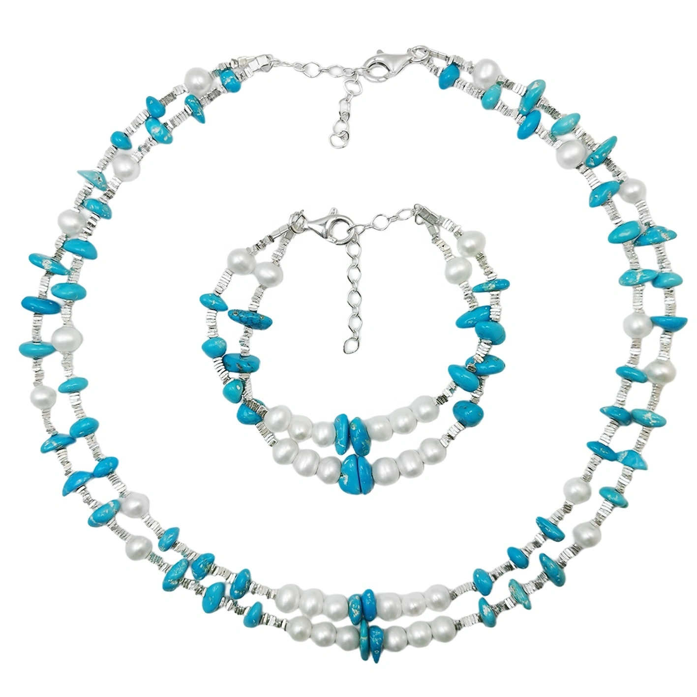 Turquoise Handmade ชุดสร้อยคอสร้อยข้อมือประณีตไข่มุกธรรมชาติแฟชั่นผู้หญิงเครื่องประดับอเนกประสงค์ 1
