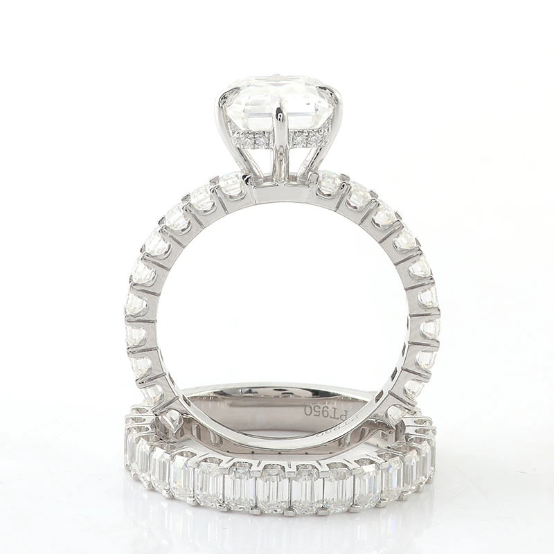 Bague en or 950 avec diamants taille émeraude et moissanite, couleur Pt950, bague de mariage tendance pour femme et homme 1