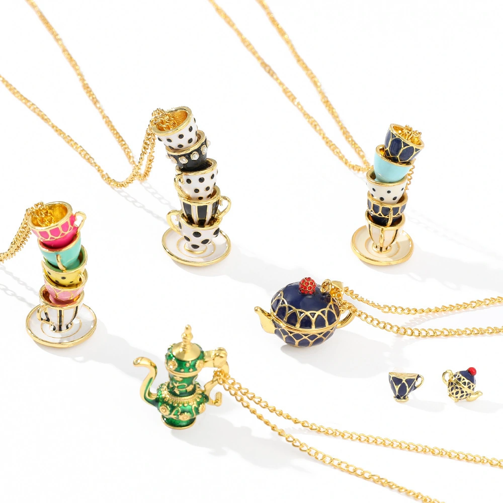 Fashion Gilded Magic Enamel Coffee Cup Tea Pot Necklace Series Personalized Multi Layer Enamel Tea Cup Pendant Necklace 1