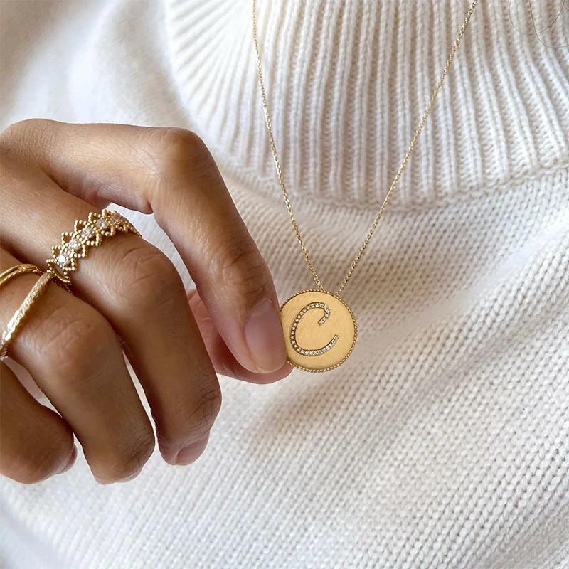 Personalized Gold Initial Necklace Paved 1mm Round Cut Vvs Lab Grown Diamond Alphabet Necklace For Women 1