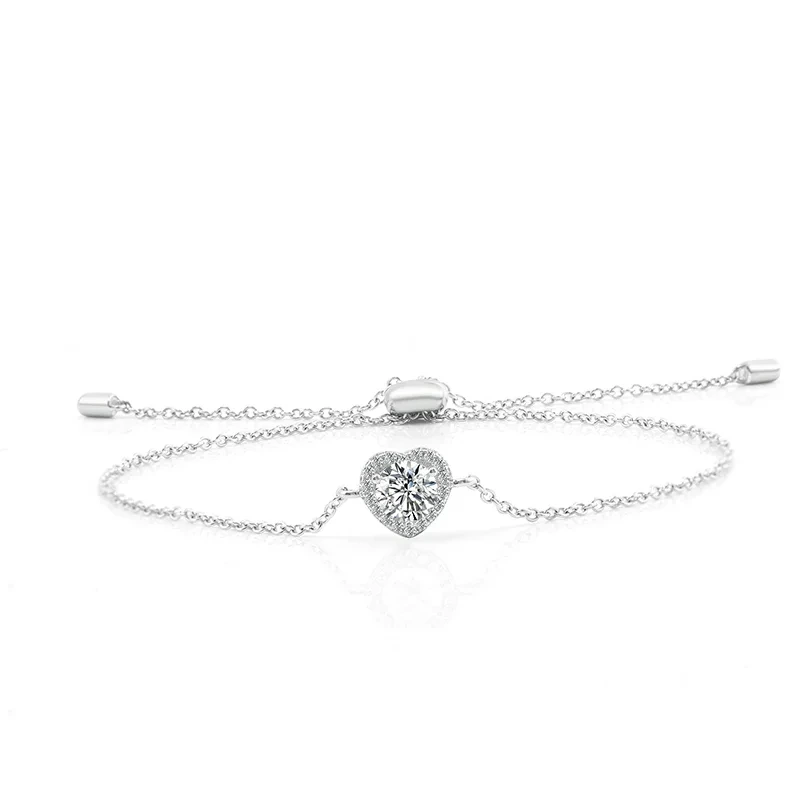 925 Sterling Silver 1 Carat 5mm Round Cut Moissanite Heart-shaped Bracelet Women's 15 Cm + 3 Cm Extension Chain 1