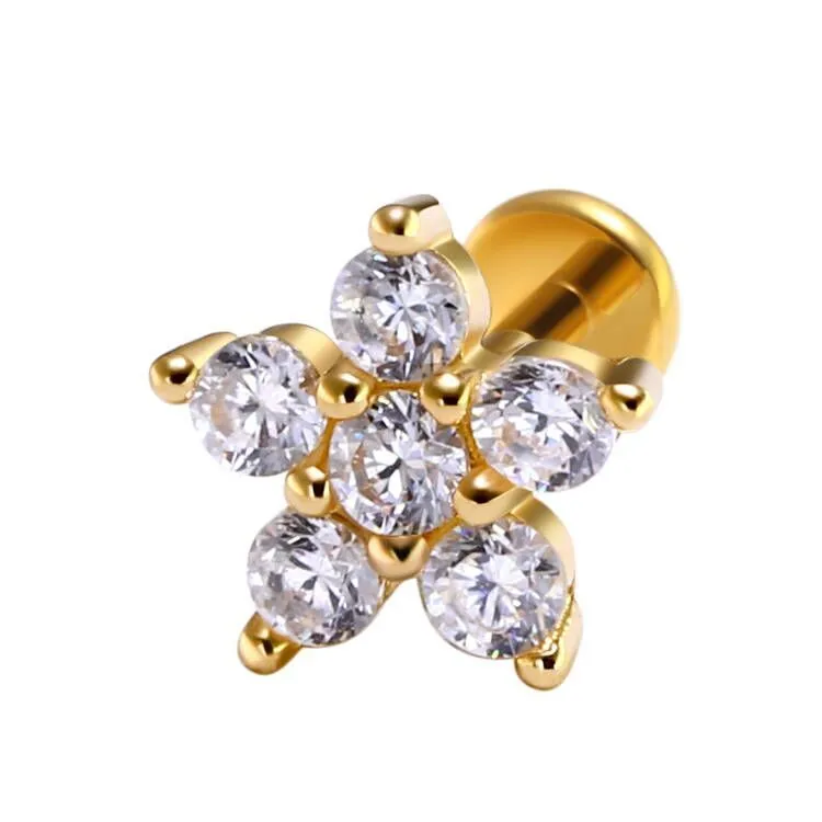 Eternal Metal 14k Yellow Gold Flower Internal Thread Labret Piercing Jewelry 1