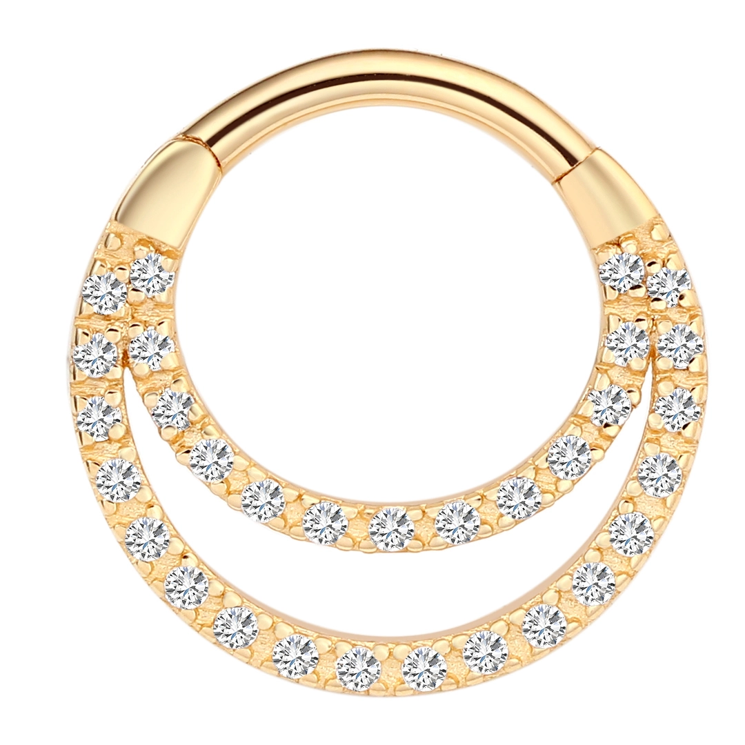 Eternal Metal 14k Solid Gold Double- Layer Paved Cz Hinged Segment Hoop Ring Septum Clicker Daith Earring Piercing Jewelry 1