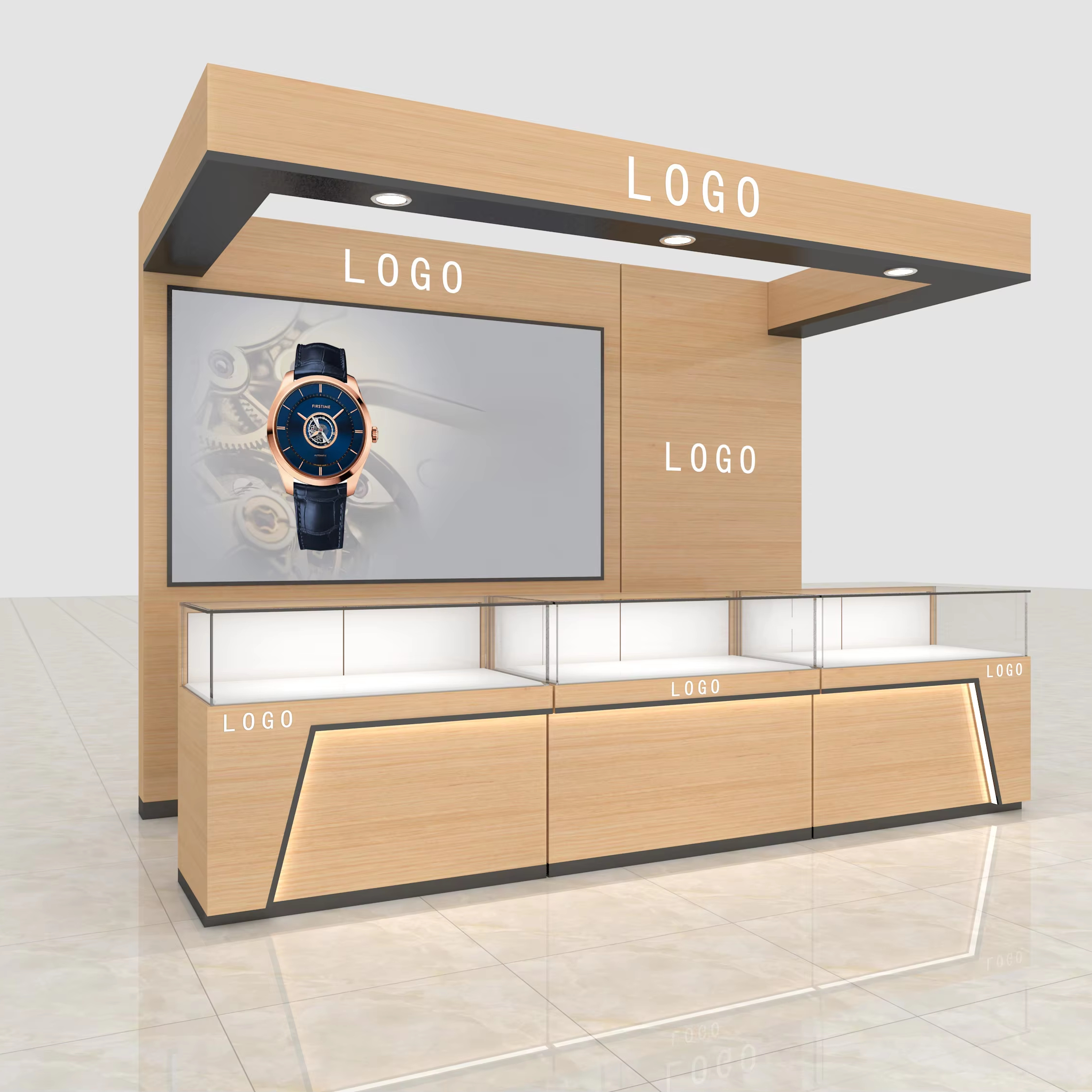 Customized Modern Led Lighted Glass and Metal Watch Display Kiosk for Stores 1