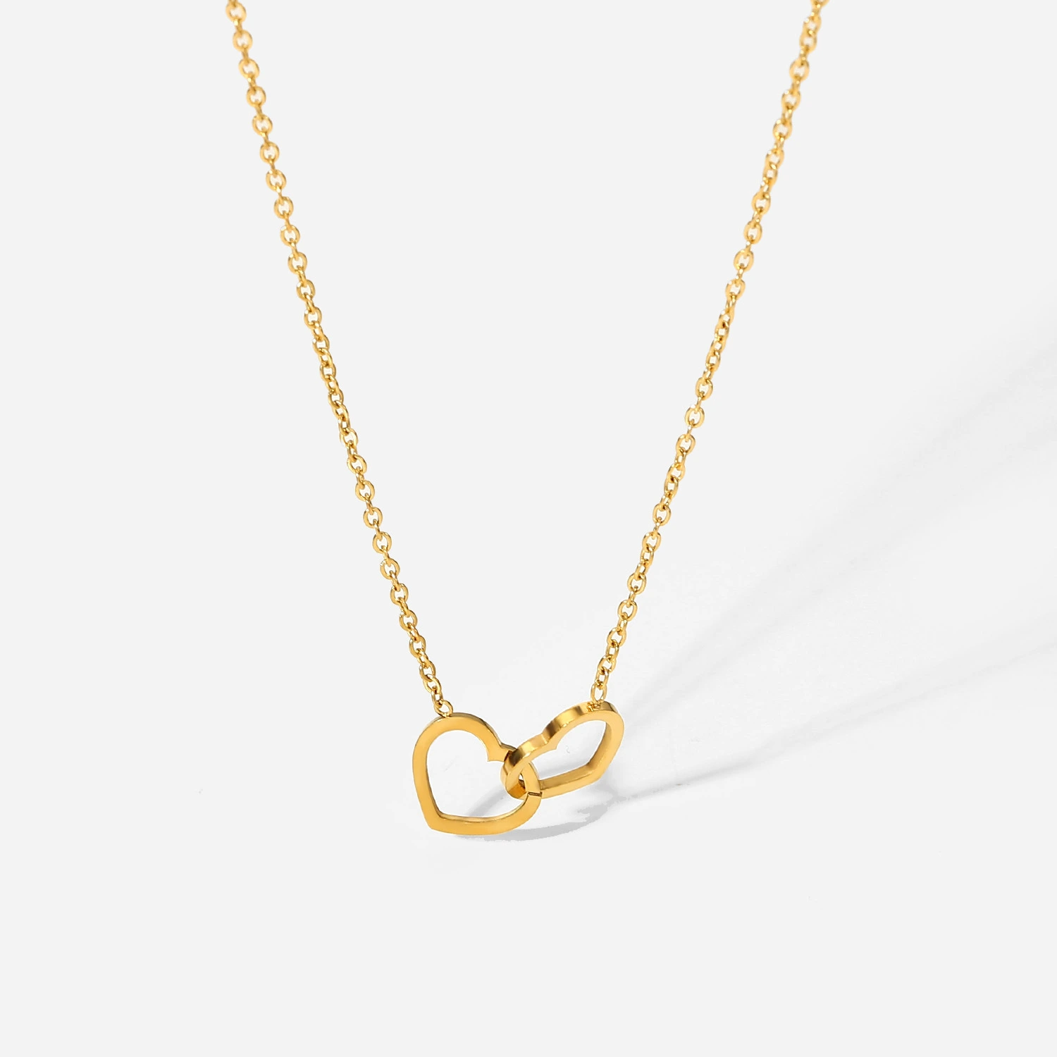 Romantic Valentine's Day Gift Titanium Steel 18k Gold Plated Thin Chain Double Heart Ring Fashion Pendant Women's Necklace 1