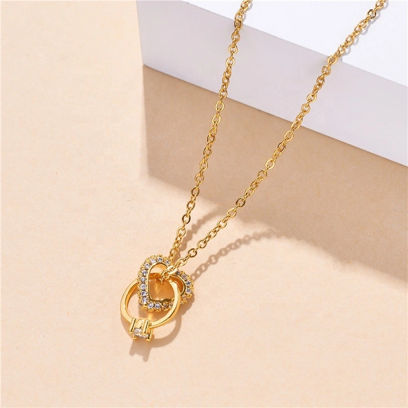 Fashionable Diamond Heart Peach Heart Double Ring Necklace Women's Gold Titanium Steel Clavicle Chain Non Fading Jewelry 1