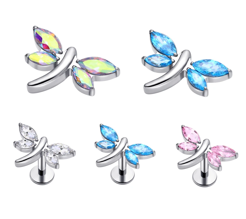 Eternal Metal Astm F136 Titanium Dragonfly Shape With Multiple Color Zircon Flat Internally Threaded Labret Piercing Jewelry 1
