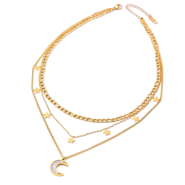 2024 Waterproof Multi Layered Titanium Steel Necklace Three Layer Starry Moon Collar Chain Pendant Necklace For Women 1