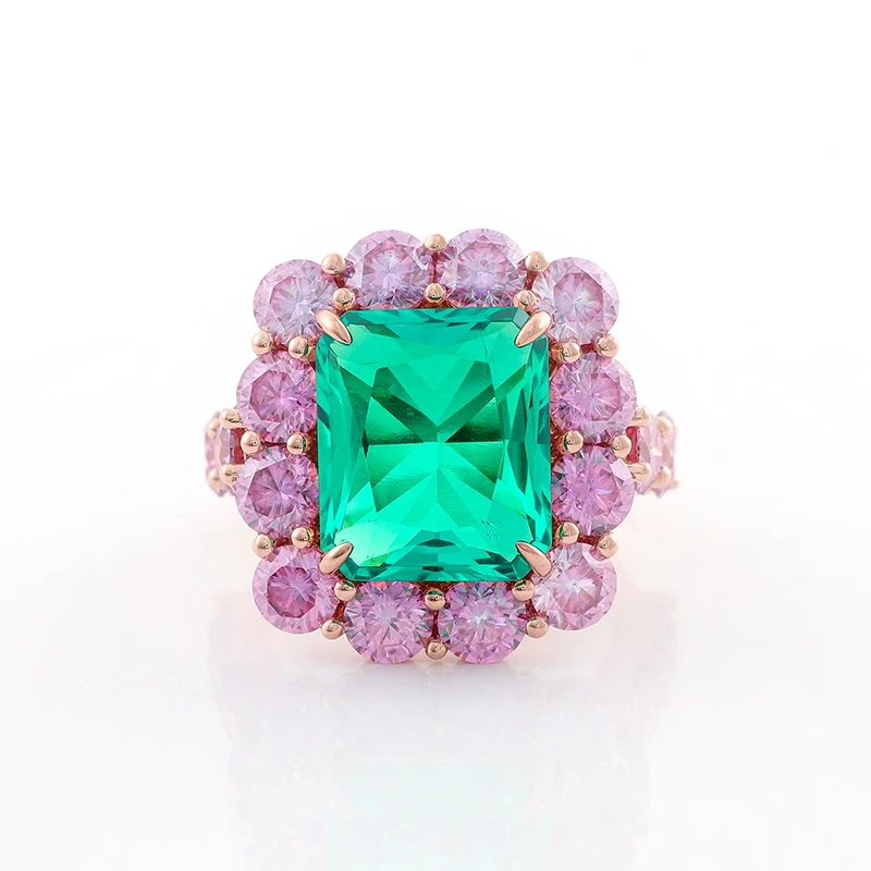 Anneau de mariage de luxe Green Lab Emerald 13 * 15 mm Centre rond 5 mm Pink Moisanite Rose Solid Gold Anneau 1