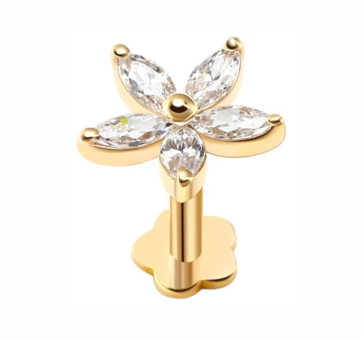 Eternal Metal 14k Solid Yellow Gold Cz Paved Marquise Cut Flower Cartilage Ear Piercing Jewelry Internally Threaded Labret Ring 1