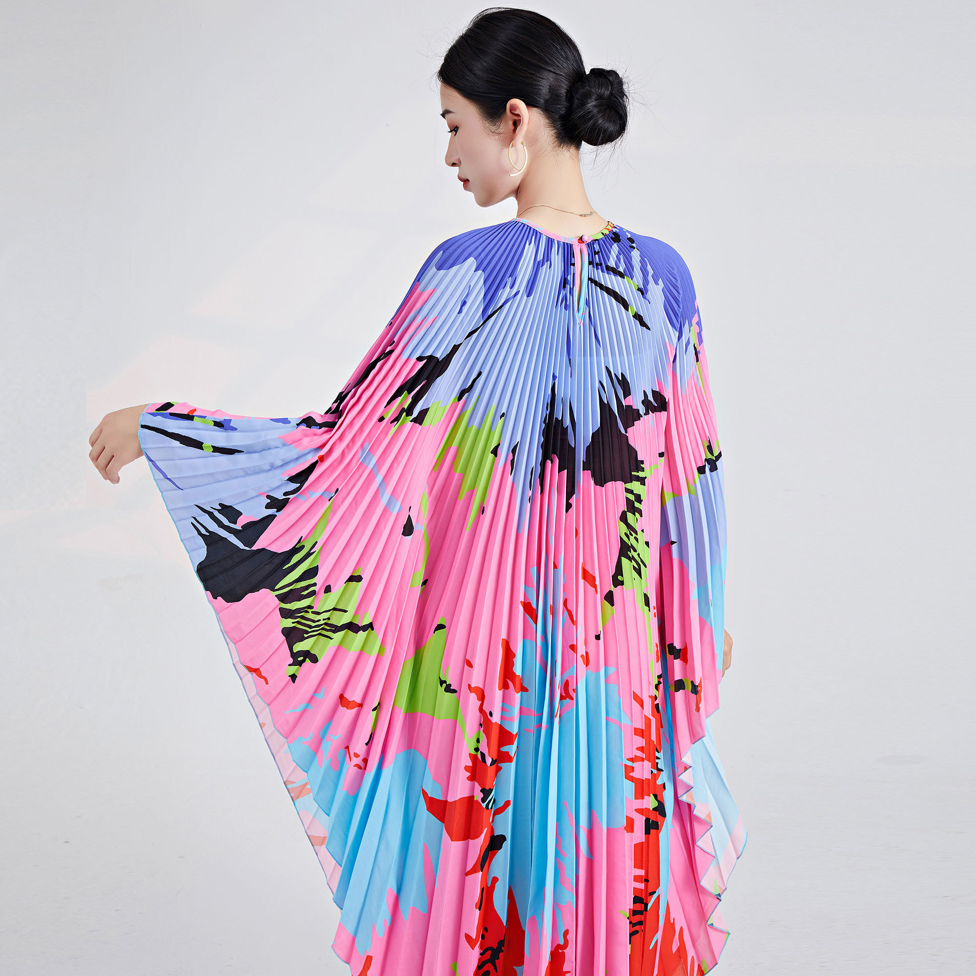 Pleats Clothing High Quality Fast Shipping Wholesale & Supply  New Print Loose Plus Size Bat Sleeve Dress Fashionable Woman Kaftan Elegant Pleated Dress 5